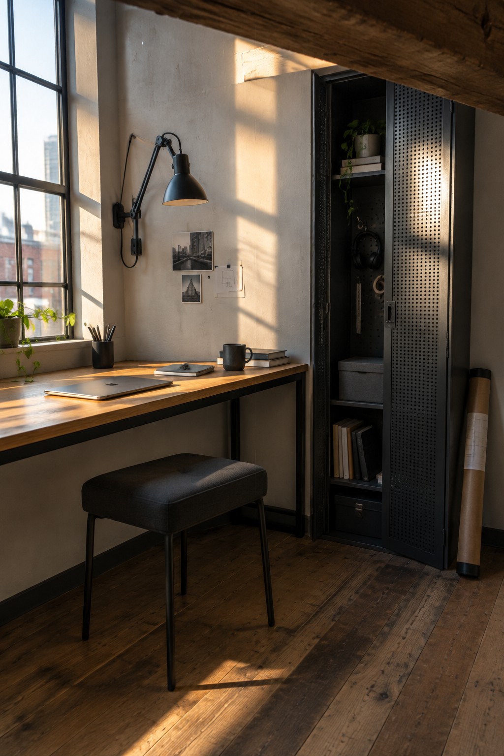 Sunlit wooden desk with laptop, black stool, wall lamp, and open black cabinet.
