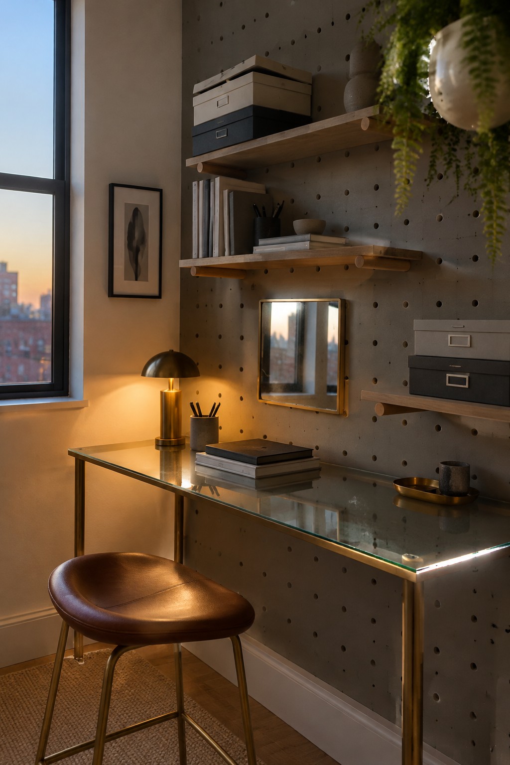 A minimalist home office with a glass desk, brown leather stool, and gray pegboard wall holding wooden floating shelves, books, and storage boxes.
