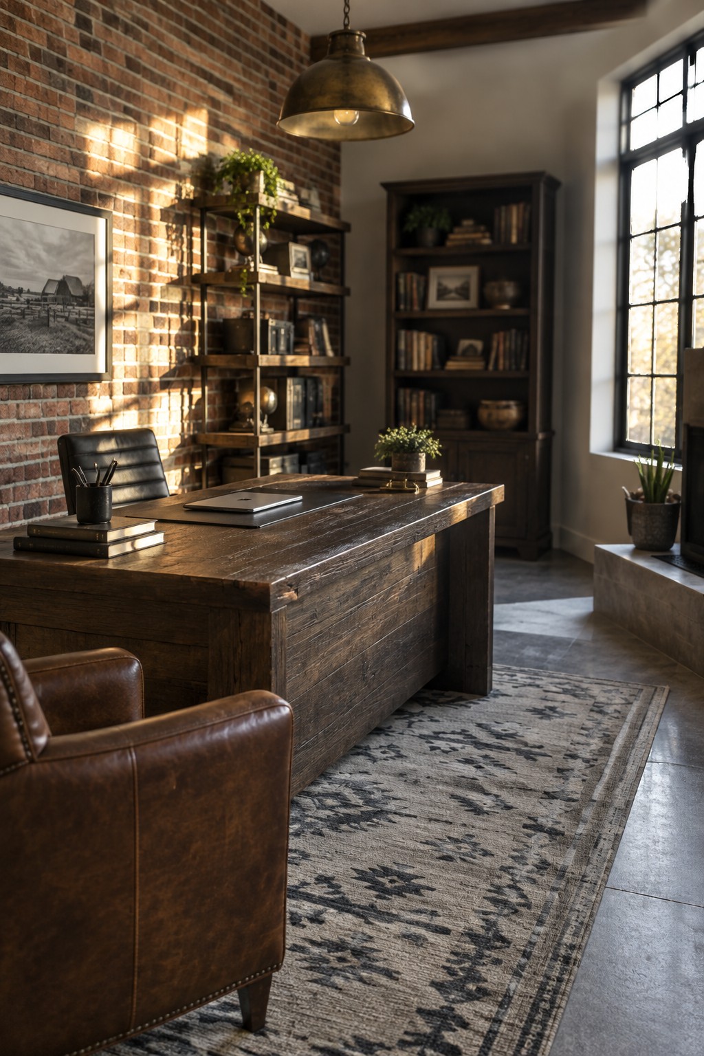 A home office with a large dark wood desk, brown leather chair in the foreground, metal and wood shelving against a brick wall, and a window on the right side.