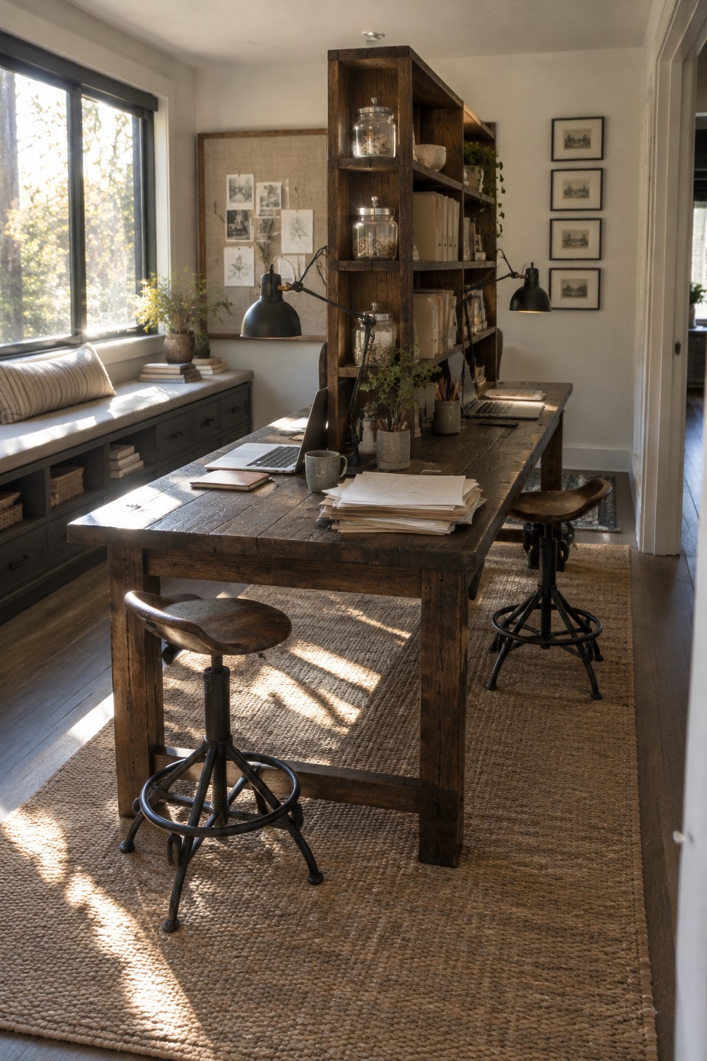 Rustic wooden desk with stools and bookshelves in sunlit home office with window seat