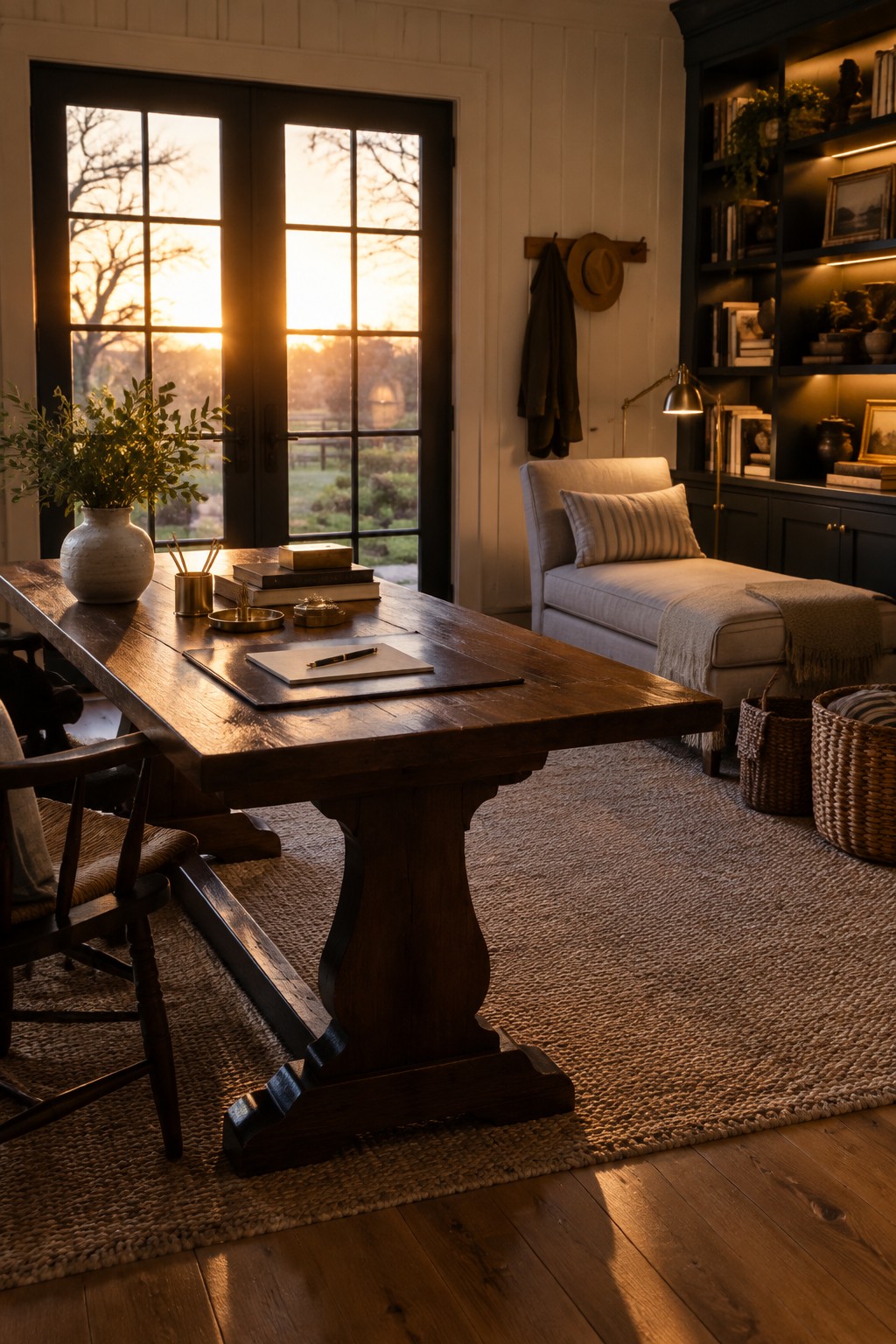 Rustic wooden desk in sunlit study with bookshelves, chaise lounge, and sunset view