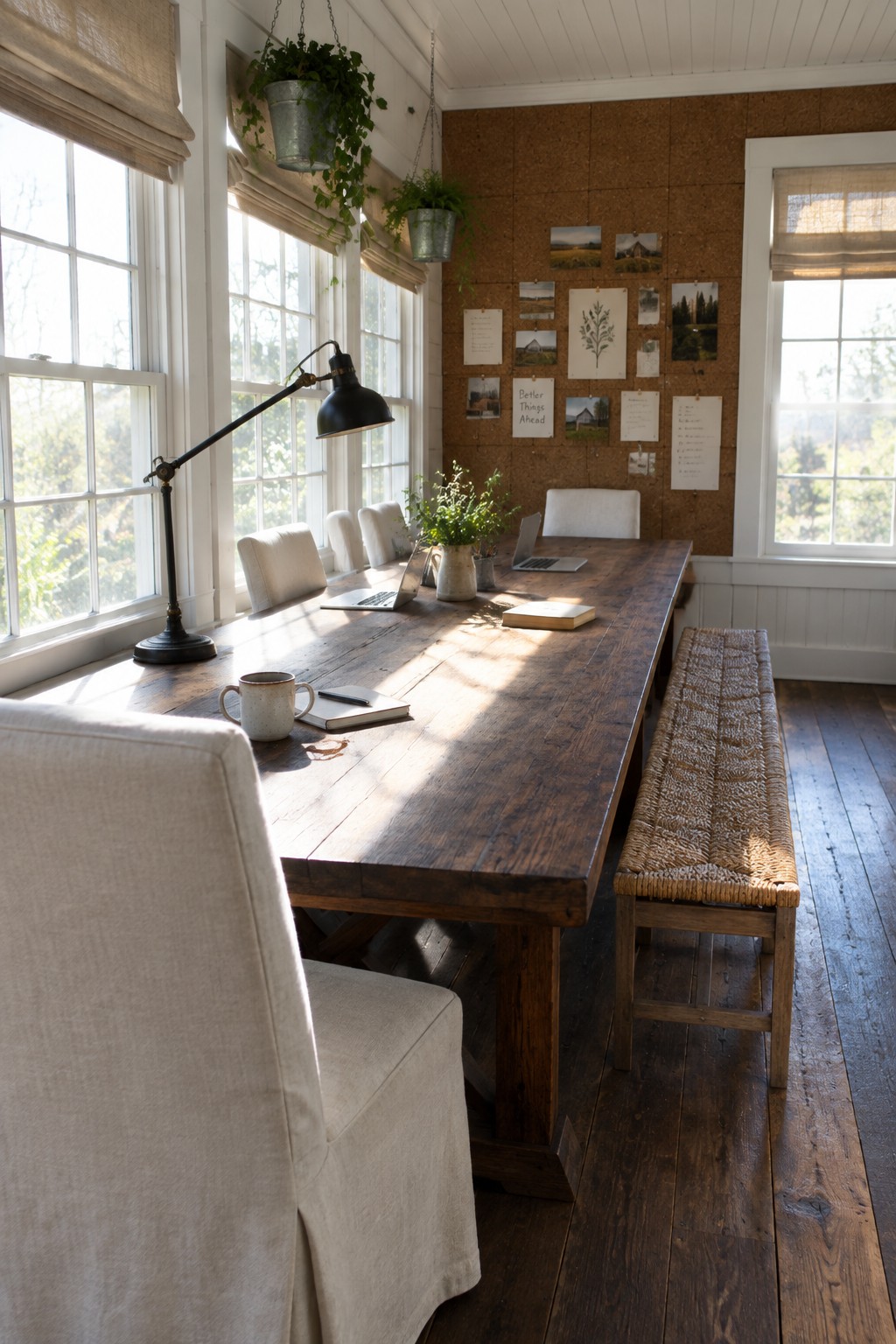 A long dark wood table set up as a desk in a bright room, with white upholstered chairs, a woven bench, a black desk lamp, and a corkboard covered in papers on the wall.