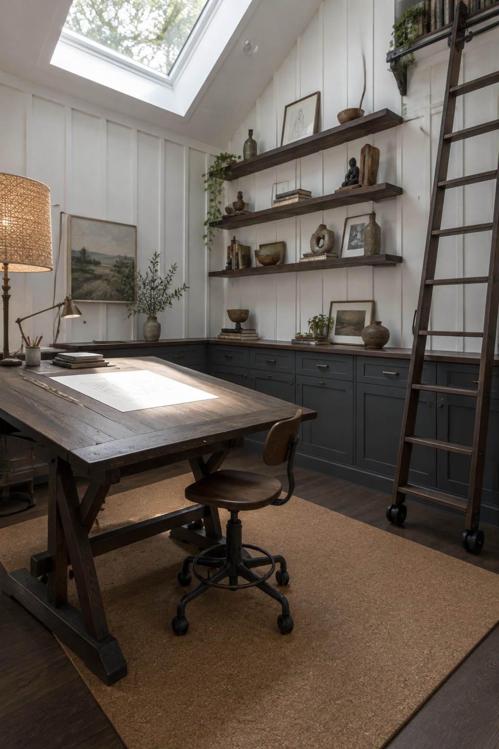 A modern farmhouse home office with a large dark wood desk, floating dark wood shelves on white walls, a rolling wooden ladder, and dark gray lower cabinets.