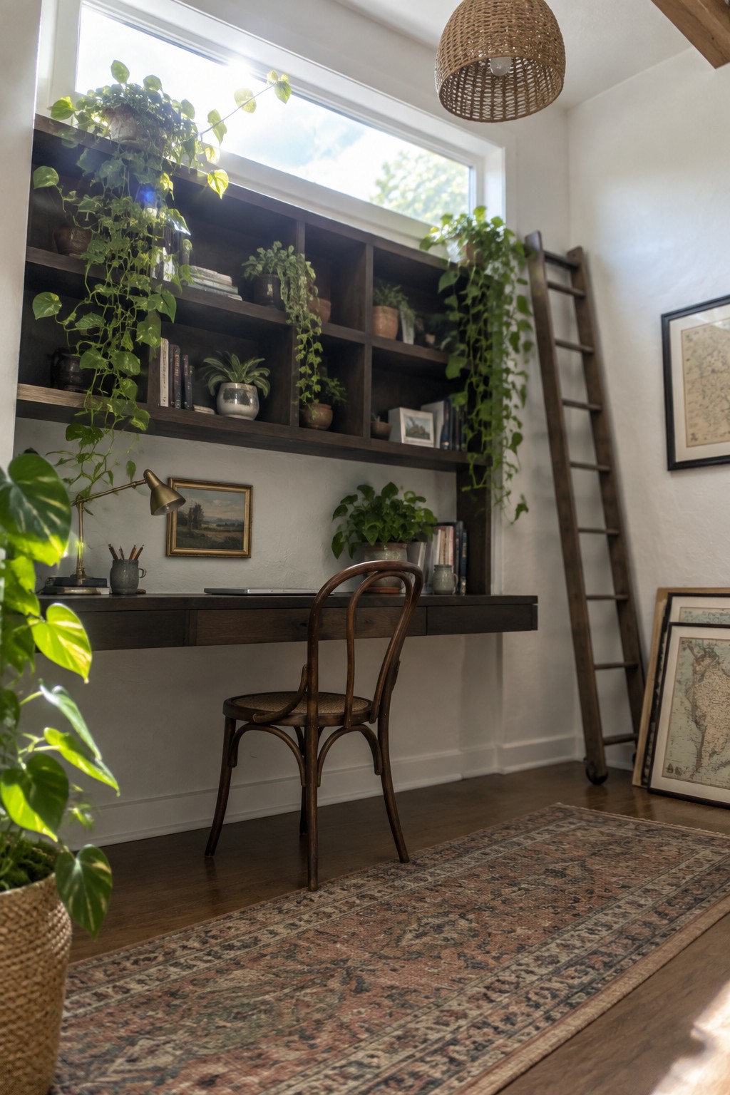 A home office with a dark wood built-in desk and open shelving unit beneath a large window, a wooden chair pulled up to the desk, and a ladder leaning against the right side of the shelves.