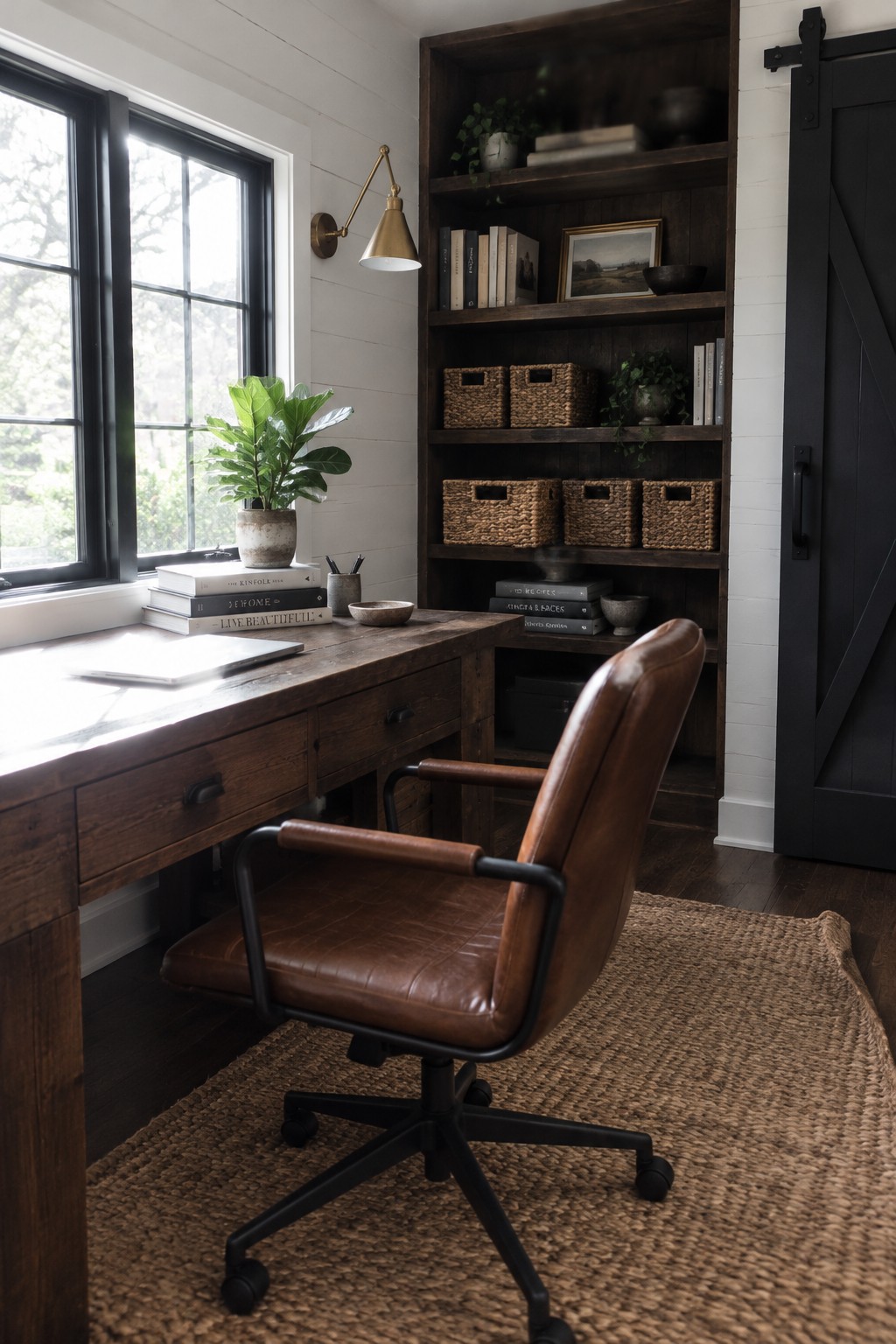 A home office with a dark wood desk, brown leather swivel chair, and built-in dark wood bookshelves holding books and woven baskets next to a window.
