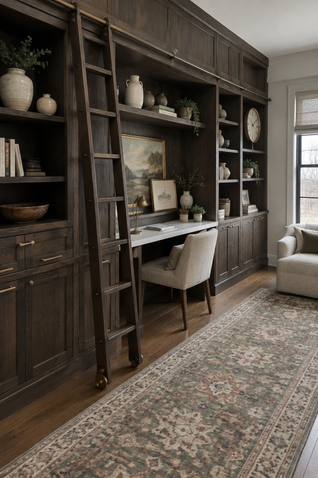 Dark wood built-in shelves with rolling ladder over white desk and beige chair.