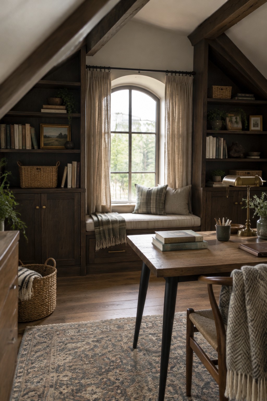 A home office featuring dark wood built-in shelves on both sides of an arched window with a cushioned window seat, a wooden desk in the foreground, and a patterned rug on the floor.