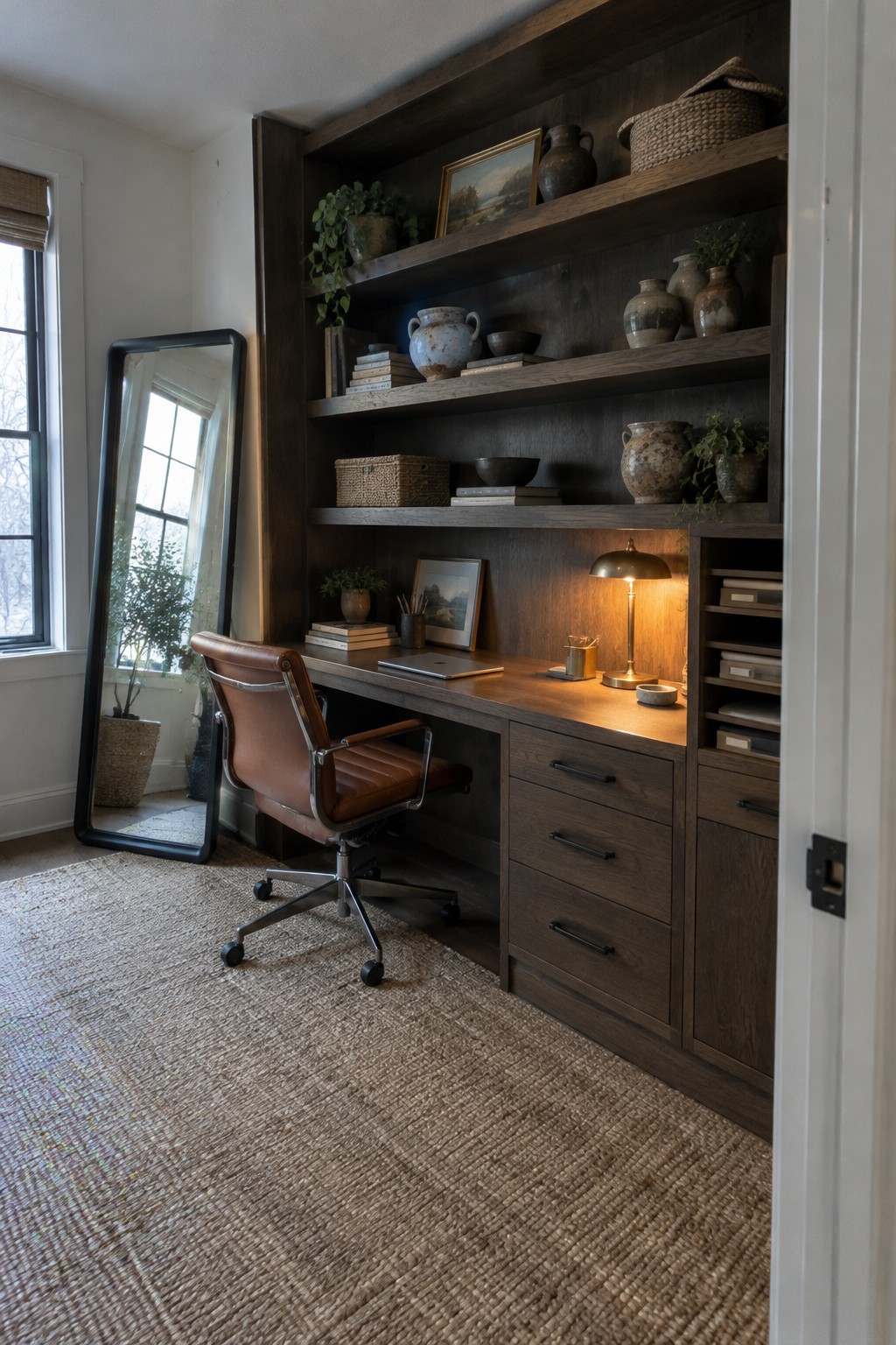 A home office featuring a dark wood built-in desk with multiple drawers and open shelves holding books, pottery, and a lit desk lamp, along with a brown leather office chair on a woven rug.