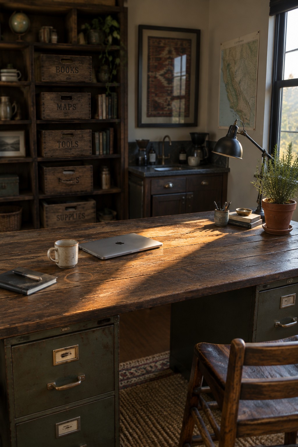 Rustic wooden desk in sunlight with laptop, mug, lamp, notebook and potted plant