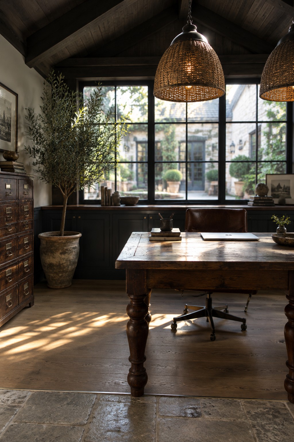 A spacious home office with a large dark wood desk featuring turned legs, positioned in front of tall black-framed windows, next to a tall potted tree and dark built-in cabinetry.