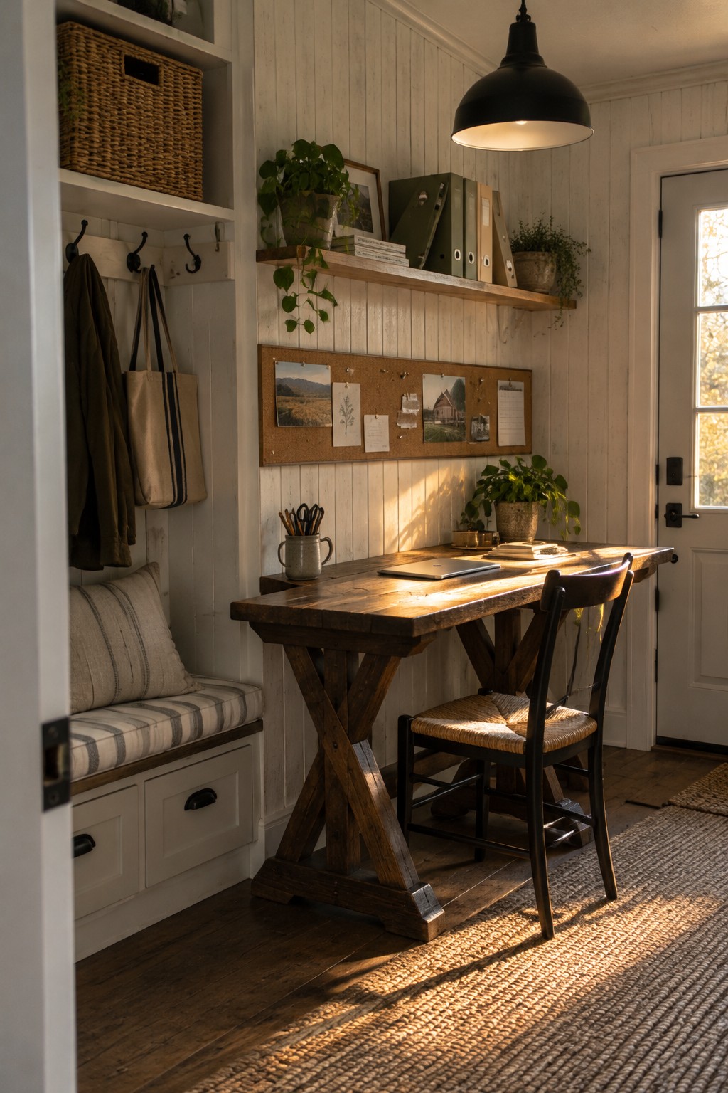 A dark wooden desk with a laptop sits in a bright room with white shiplap walls, a woven chair, and a corkboard above.