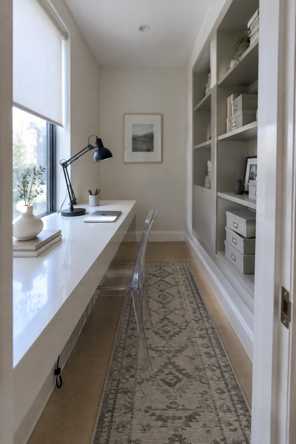 A narrow home office with a long white desk along the left wall under a window, a clear acrylic chair, built-in light gray shelving filled with boxes and books on the right wall, and a gray patterned runner rug down the center of the room.