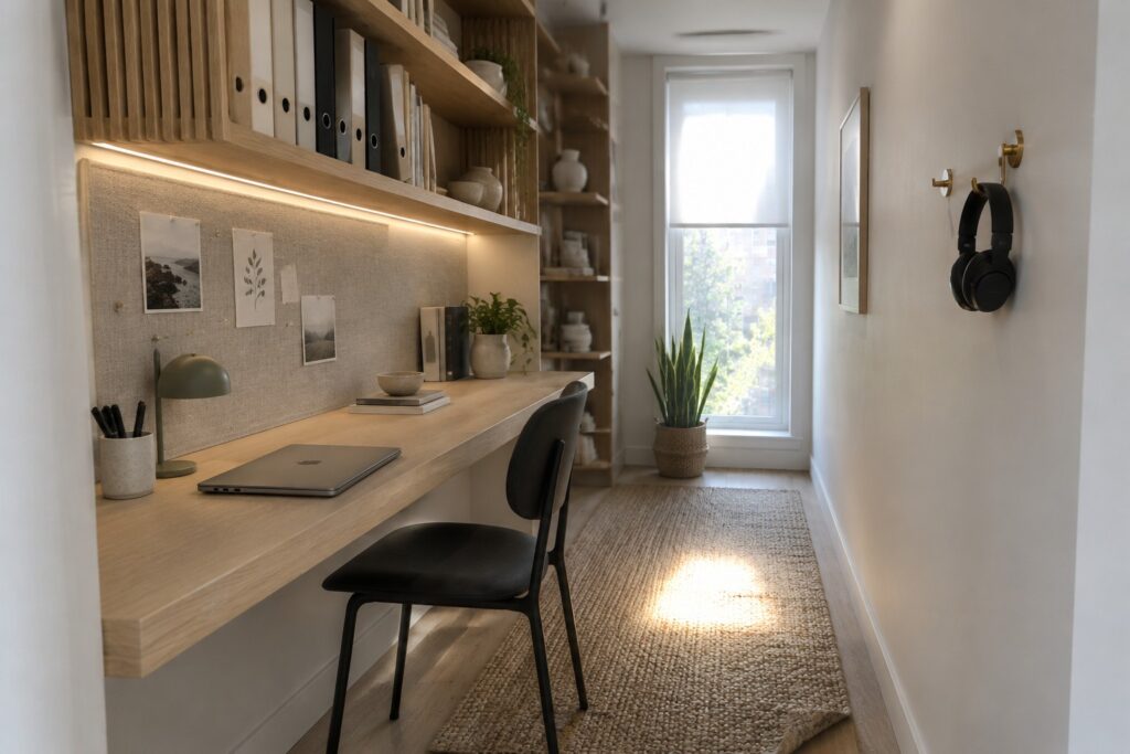 A narrow home office with a long light wood desk against the left wall under lit shelves, a black chair on a woven rug, and a large window at the end with sunlight on the floor.