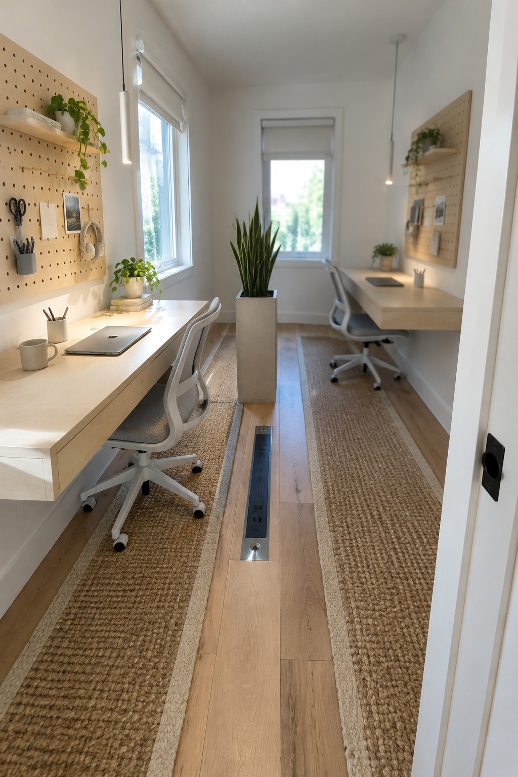 A narrow home office with light wood desks mounted along both walls, white office chairs on woven rugs, and a clear central walkway between them.