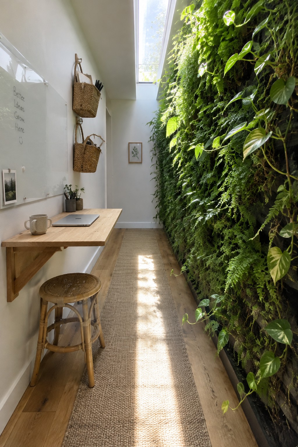 Narrow room with lush living green wall, wooden desk, woven stool, and skylight.
