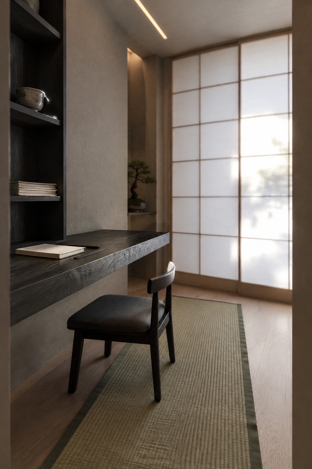 A narrow interior room with a dark wood wall-mounted desk holding a notebook, a dark chair on a woven runner, built-in shelves on the left, and shoji screens on the right.