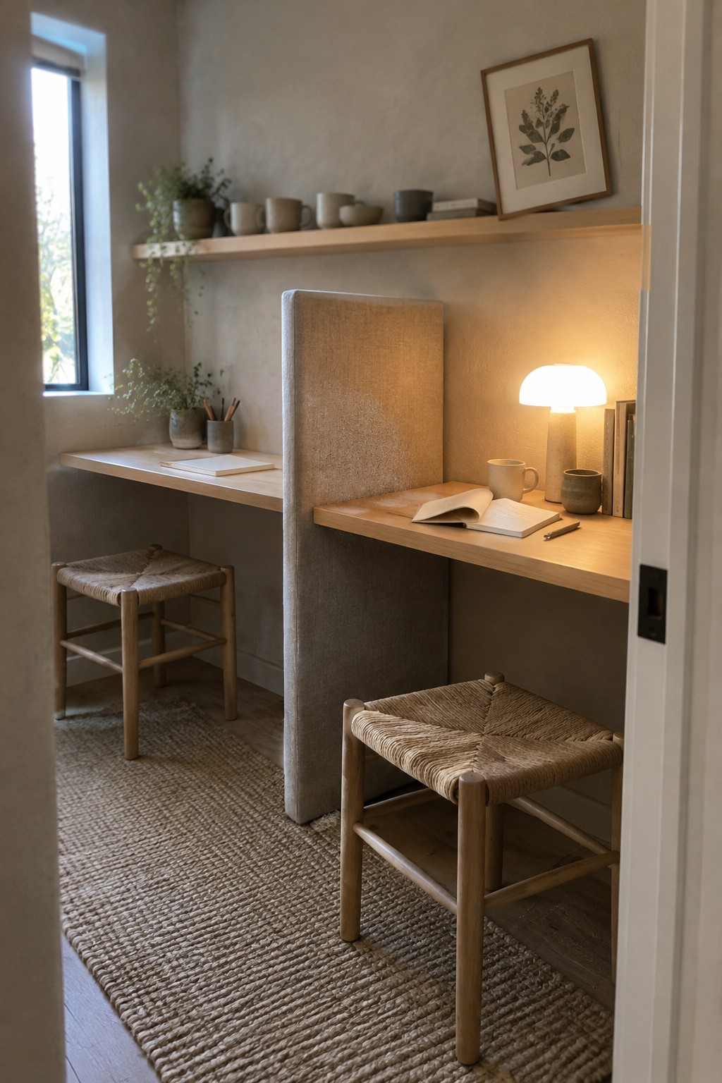 A compact home office with two light wood desks divided by a tall beige upholstered panel, each desk paired with a woven stool and set against a floating shelf.