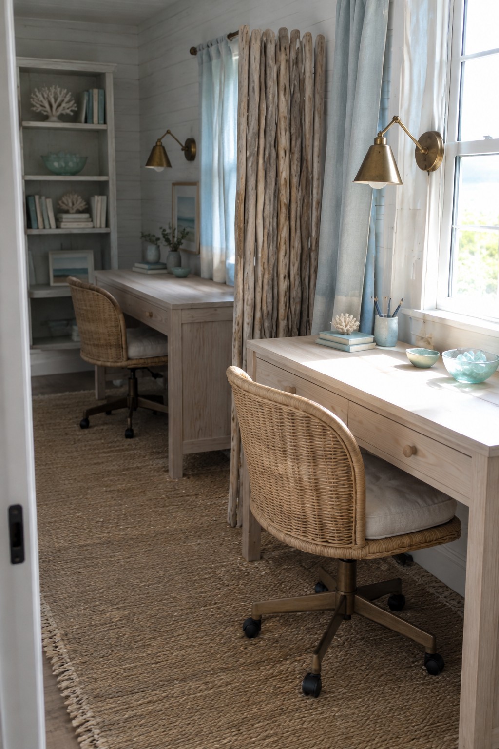 Two light wood desks with woven swivel chairs sit on a large jute rug in a small room with white walls, light blue curtains, and a window on the right.