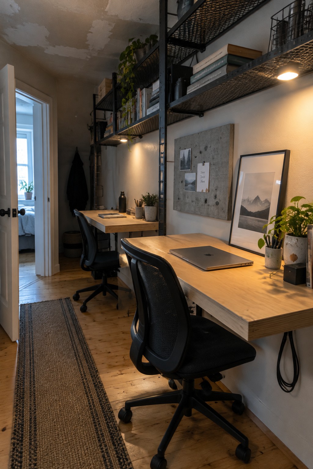 A narrow interior room with two light wood desks and black office chairs set along the right wall, one desk further back than the other, with metal overhead shelves and a laptop on the closer desk.
