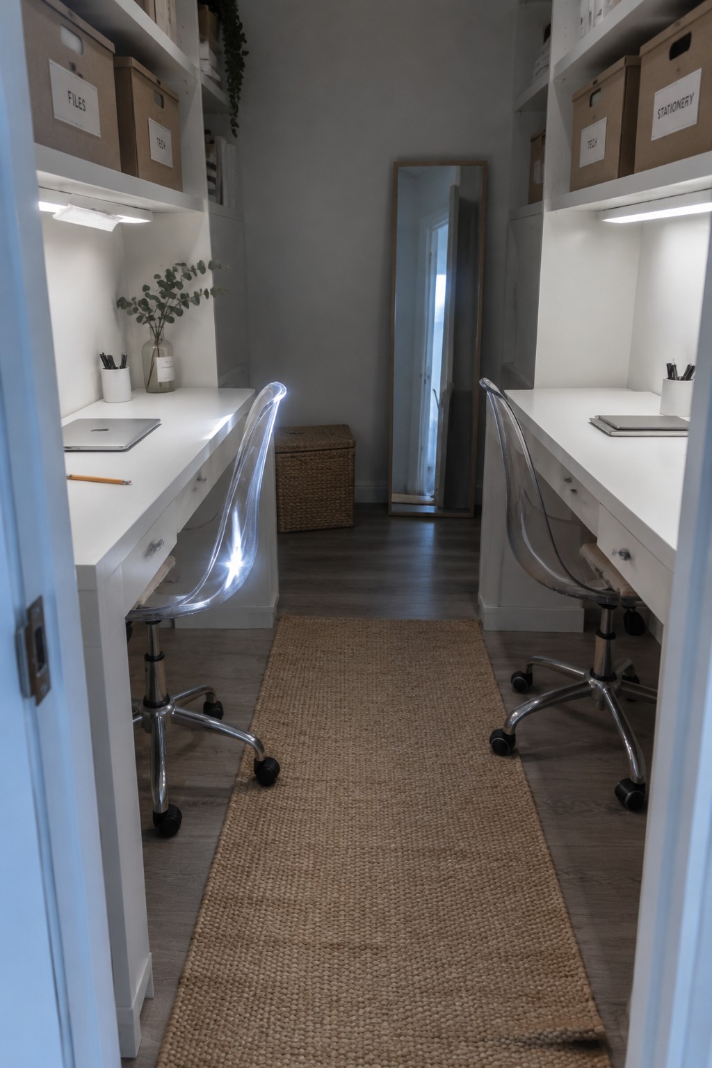 A narrow home office with two white desks on opposite walls, transparent rolling chairs, white built-in shelves with storage boxes, a woven runner rug, and a tall mirror at the end.