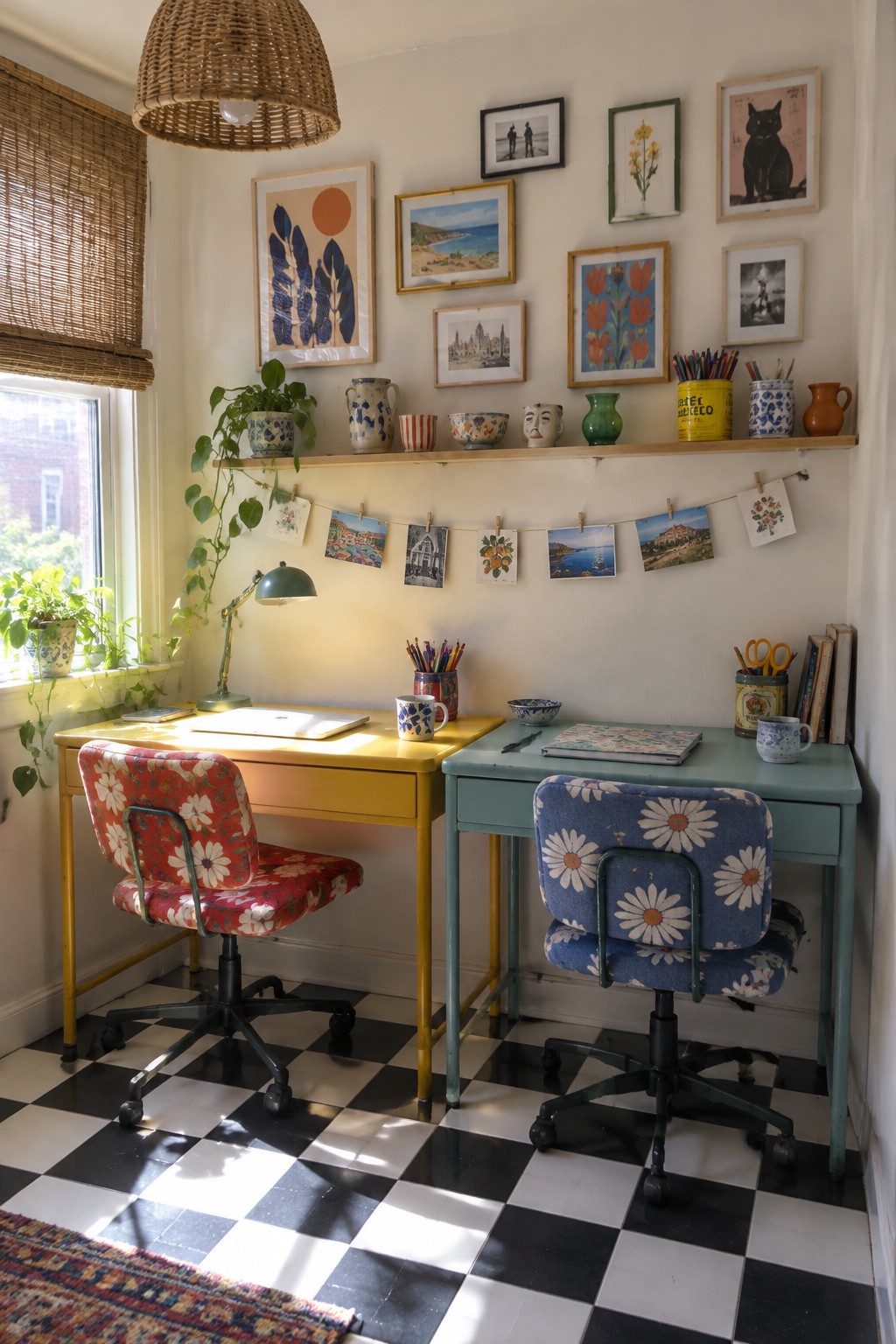 A small home office showing a yellow desk and a teal desk placed side by side on a black and white checkered floor, each with a patterned swivel chair and a long wall shelf above holding pottery and framed art.