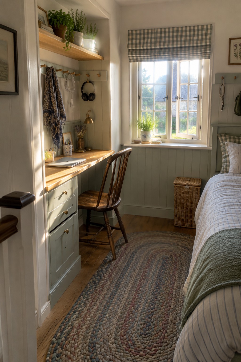 A narrow bedroom interior showing a built-in wooden desk with drawers, a wooden chair, a bed on the right, and a window above the desk.