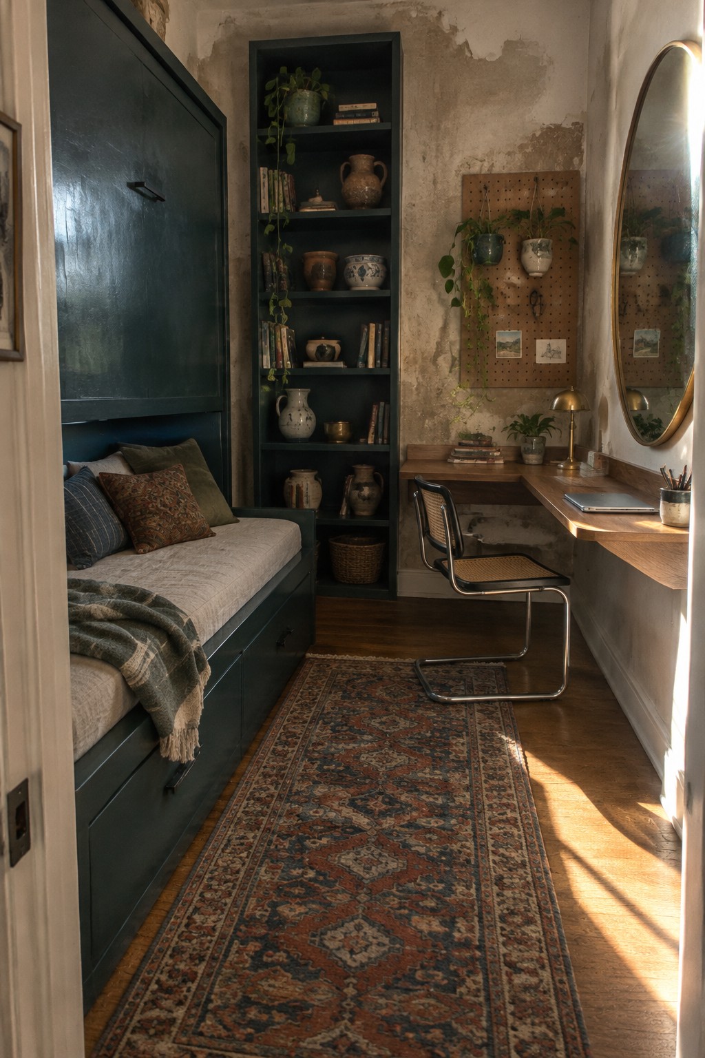 Narrow interior room with built-in bed along left wall, tall dark bookshelf in center, and wooden desk with chair and pegboard on right wall.