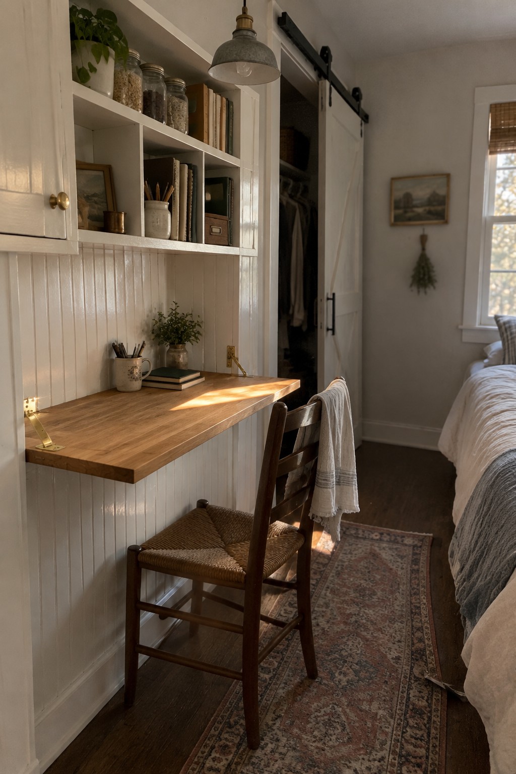 A narrow bedroom with a wooden fold-down desk mounted on a white beadboard wall under built-in shelves, a woven chair in front, and a bed visible on the right.