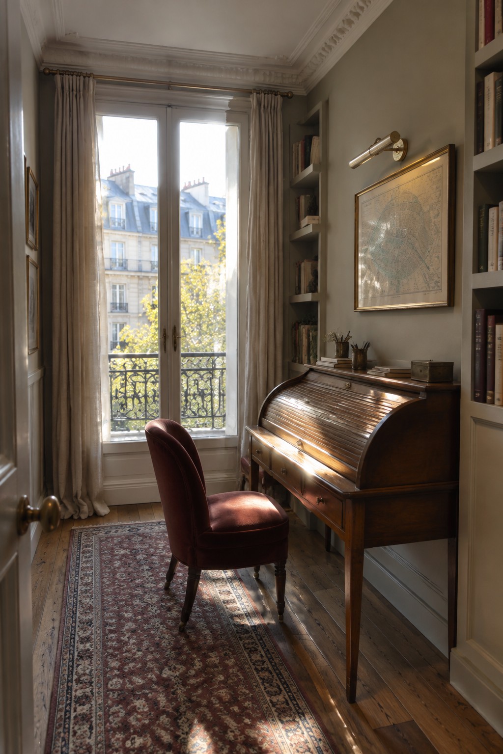 A narrow interior room with a wooden roll top desk, red upholstered chair, built-in bookshelves, and a large window with sheer curtains.