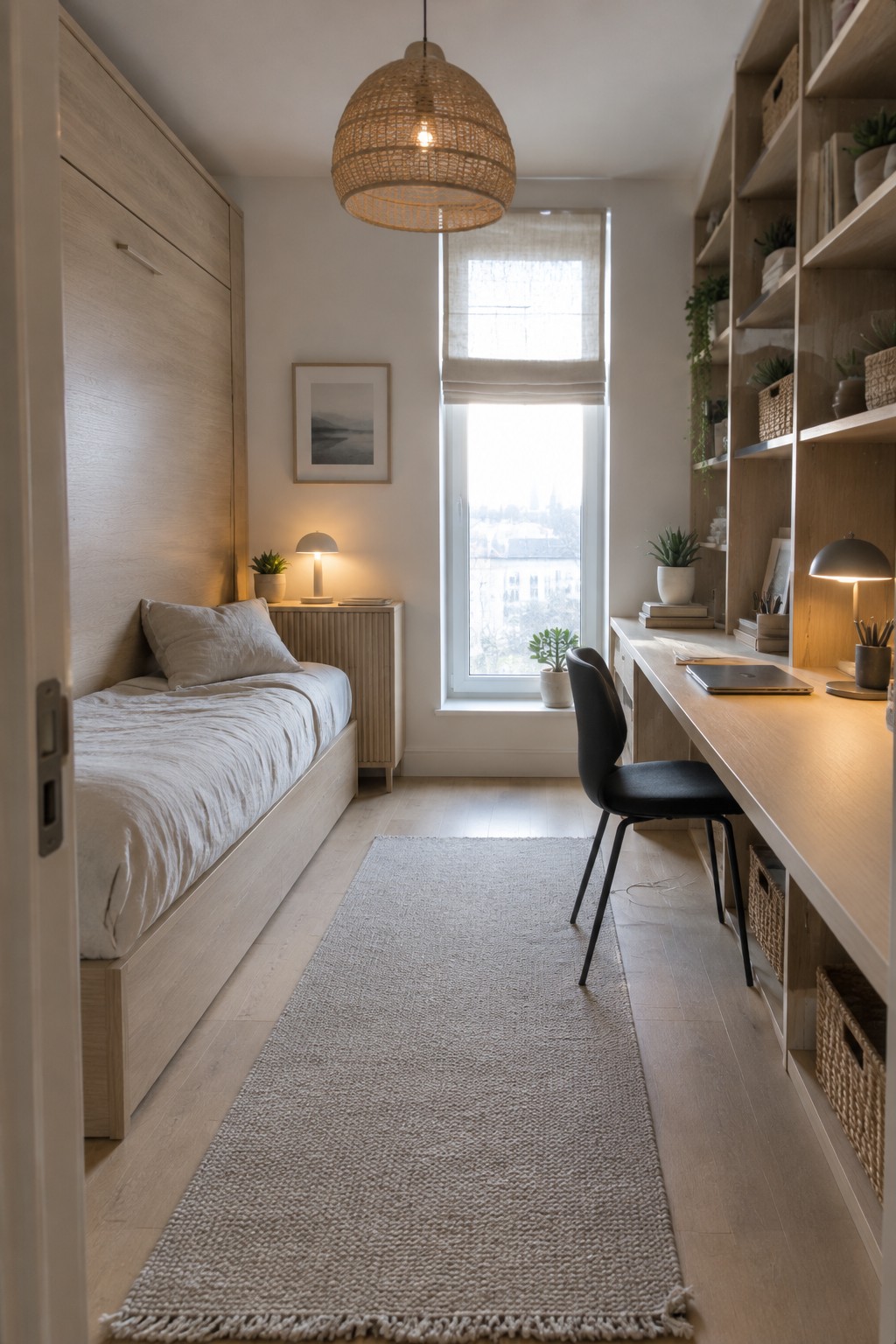 A narrow bedroom with a bed on the left wall and a long desk with chair on the right wall, a window at the far end, and a rug running down the center.