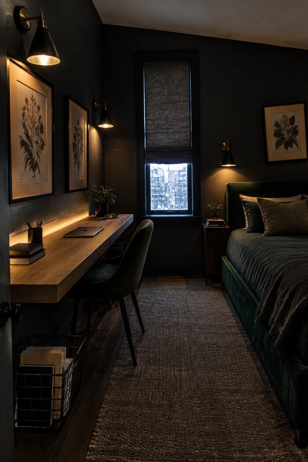 A narrow dark bedroom with a long wooden desk along the left wall, a green velvet bed on the right, a central window with a blind, and wall sconces providing light.