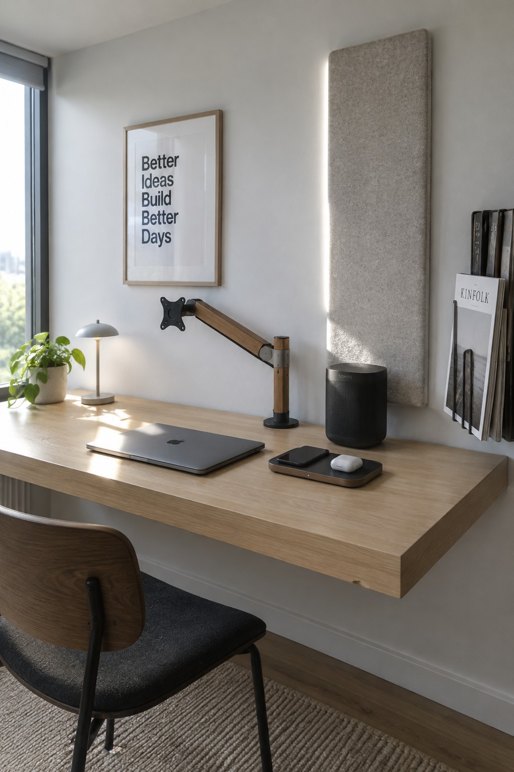 A light wood floating desk mounted on a white wall with a laptop, black speaker, and wooden monitor arm above it.