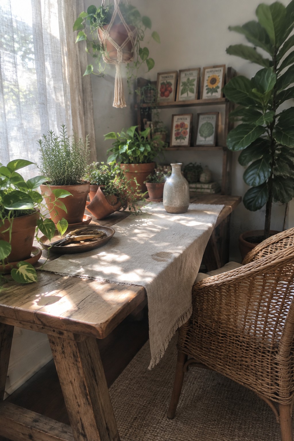 A rustic wooden desk with a linen runner holds gardening shears and sits among many potted plants in terracotta, with a wicker chair nearby and seed packet prints on a shelf.