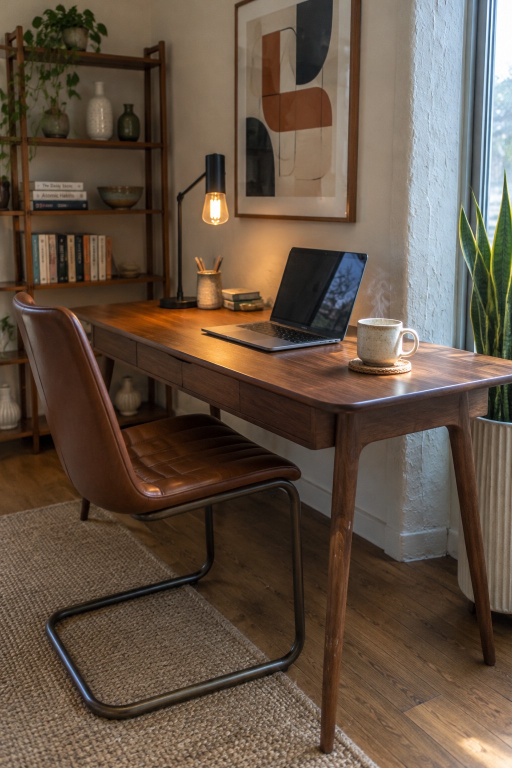 Wooden desk with laptop and steaming mug beside brown leather chair in home office