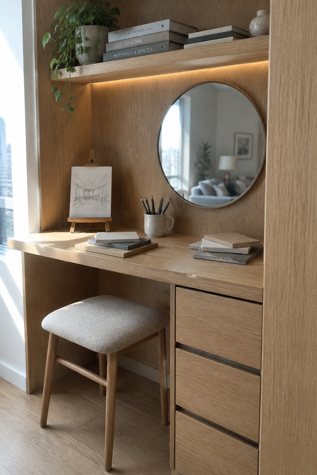 Modern light-wood vanity desk with round mirror, stool, books, plant, and material samples.