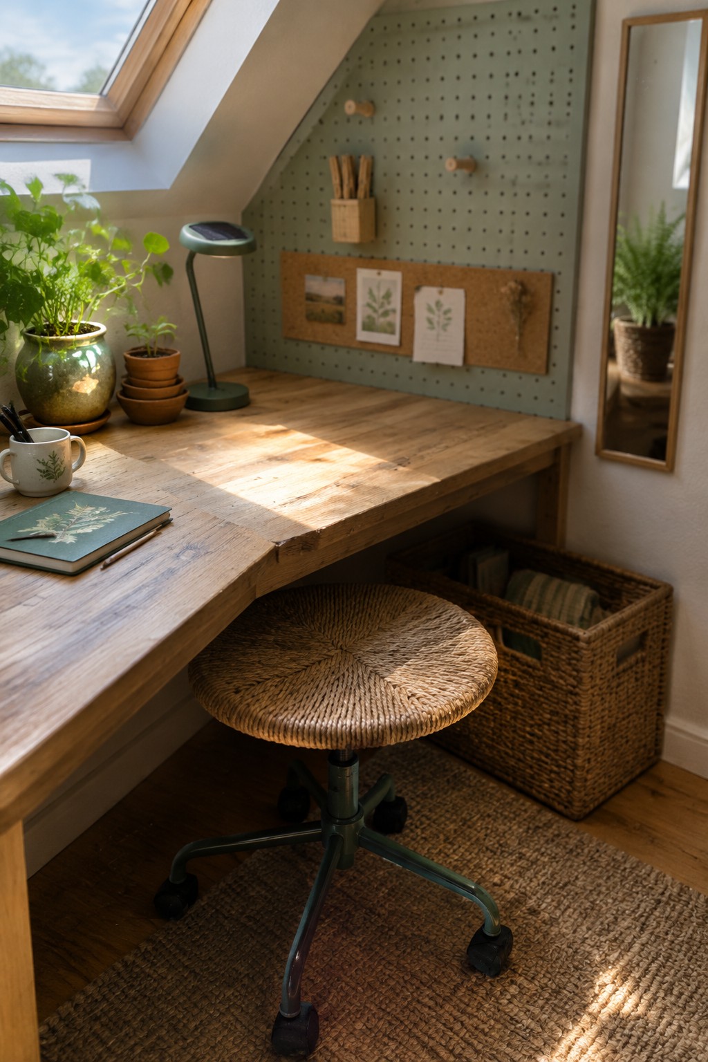 A wooden desk with a woven stool beneath it, set against a green pegboard wall with potted plants on the left side.