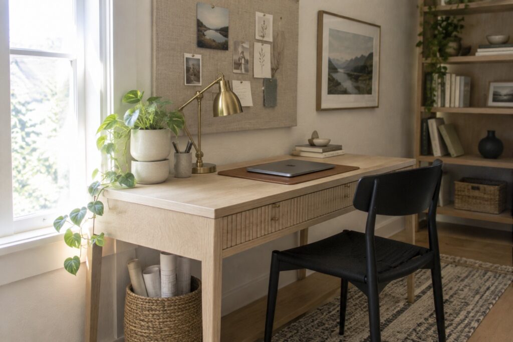 A light wood desk with a laptop, brass lamp, and potted plants in front of a window, with a black chair and woven rug.