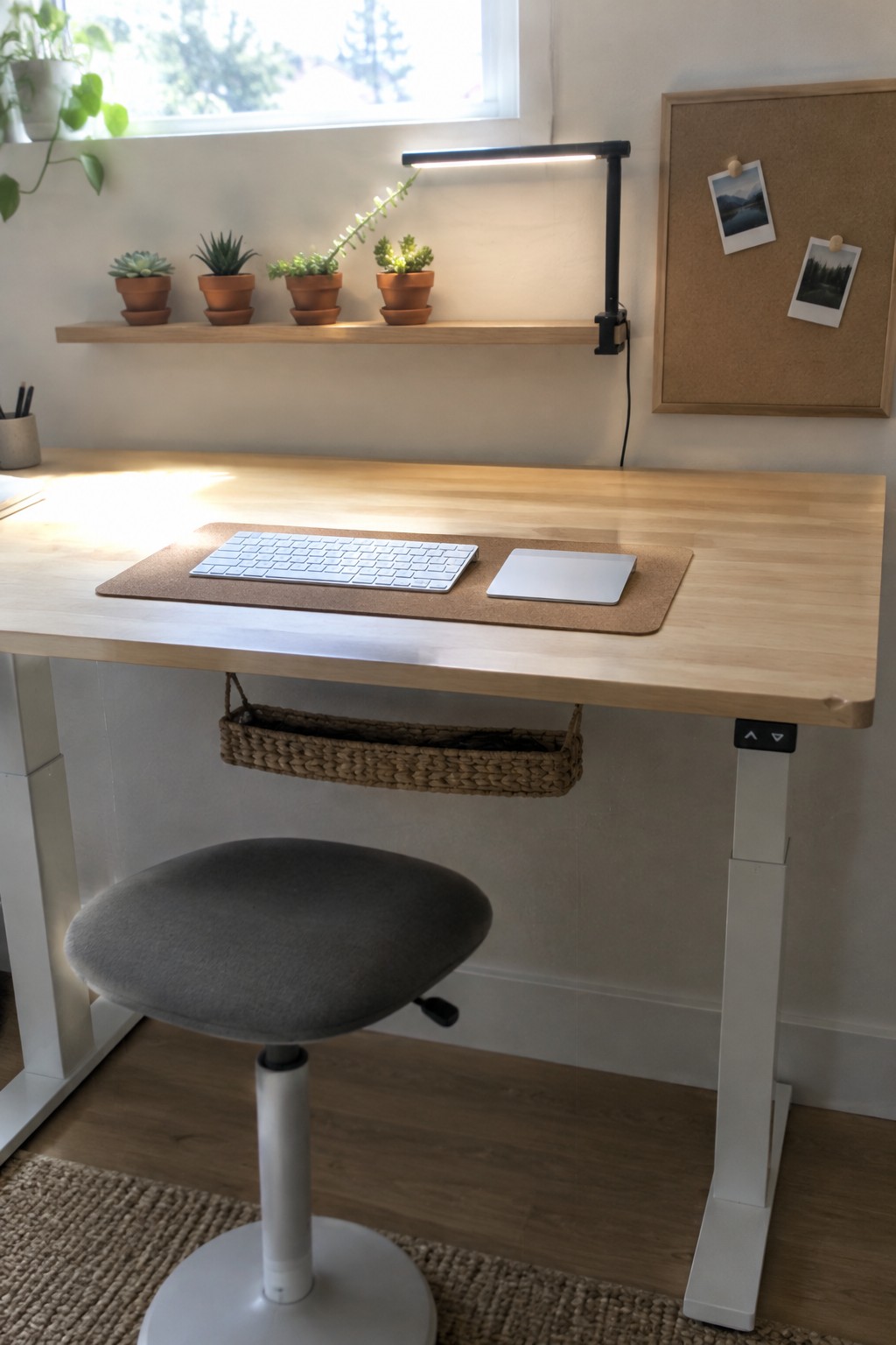 A light wood standing desk with a cork mat holding a white keyboard and trackpad, a woven basket hanging below, and a wooden shelf with small potted plants above.