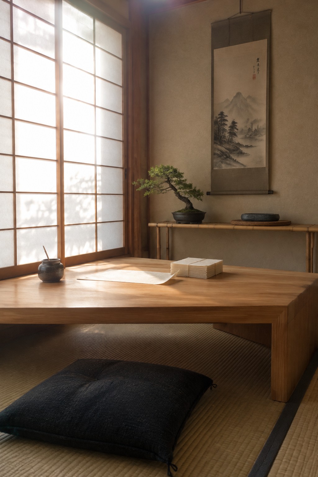 Sunlit Japanese room with low wooden table, bonsai, scroll, and dark cushion