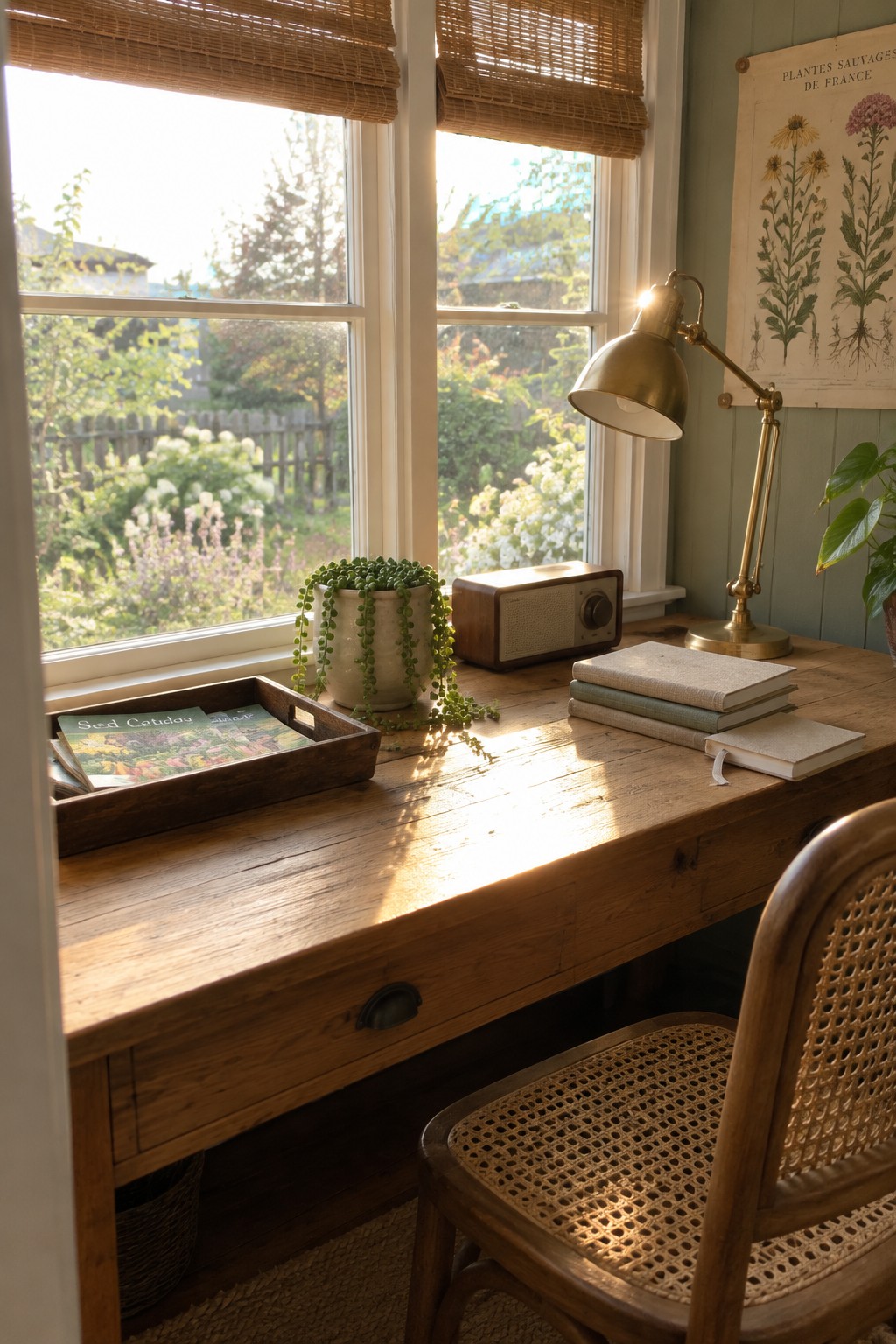 A wooden desk by a window holds a wooden tray with catalogs, stacked books, a potted plant, a vintage radio, and a brass lamp.