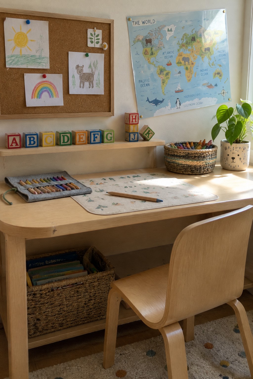 A light wood child's desk with a matching chair, wooden shelf above holding alphabet blocks, a world map on the wall, and art supplies on the desk surface.