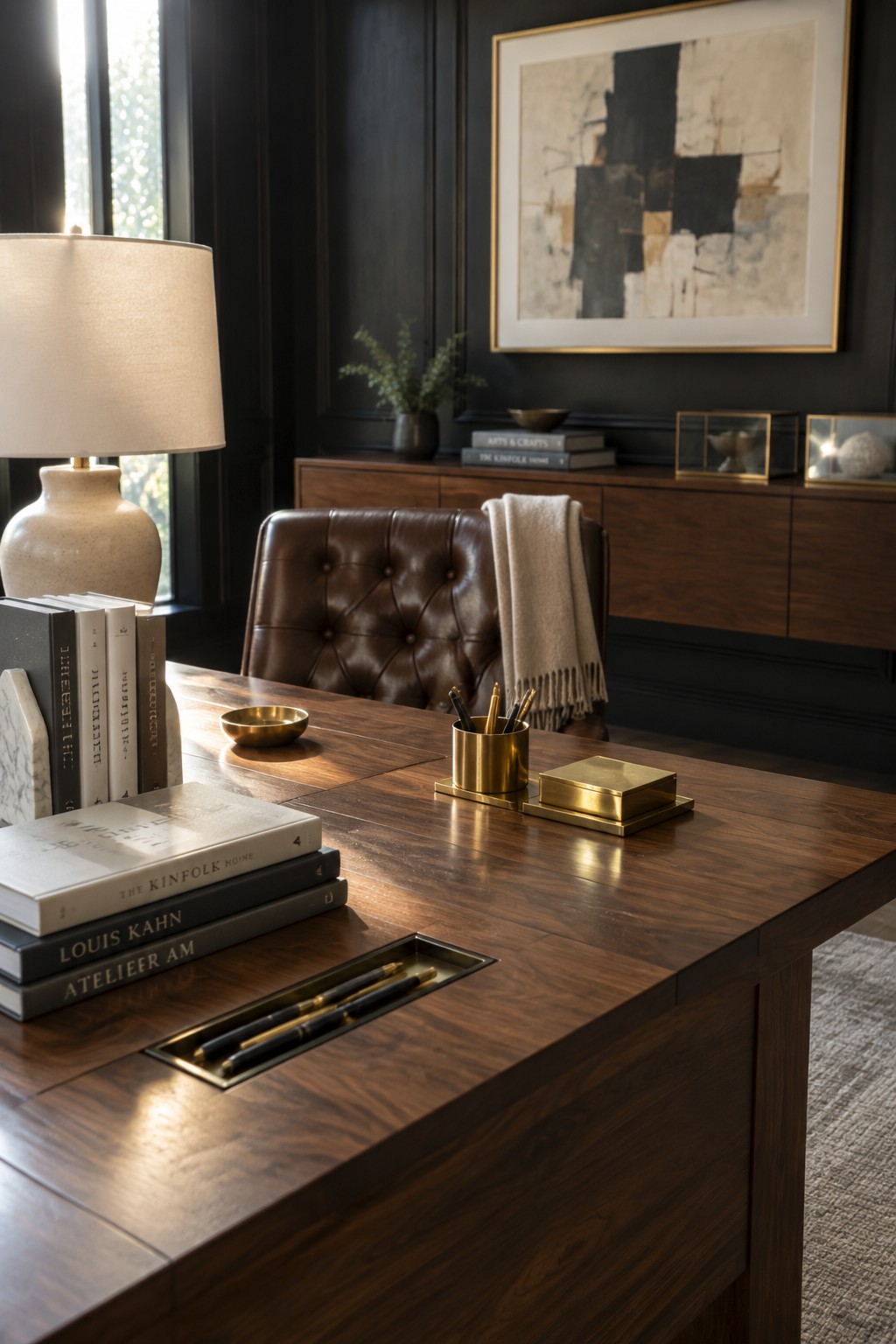 Luxurious dark wood desk with tufted leather chair, brass accessories, books, and abstract art.