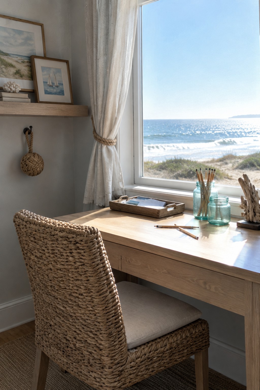 A light wood desk with a woven back chair positioned in front of a large window with an ocean view, pencils in glass jars on the desk and framed artwork on a floating shelf.
