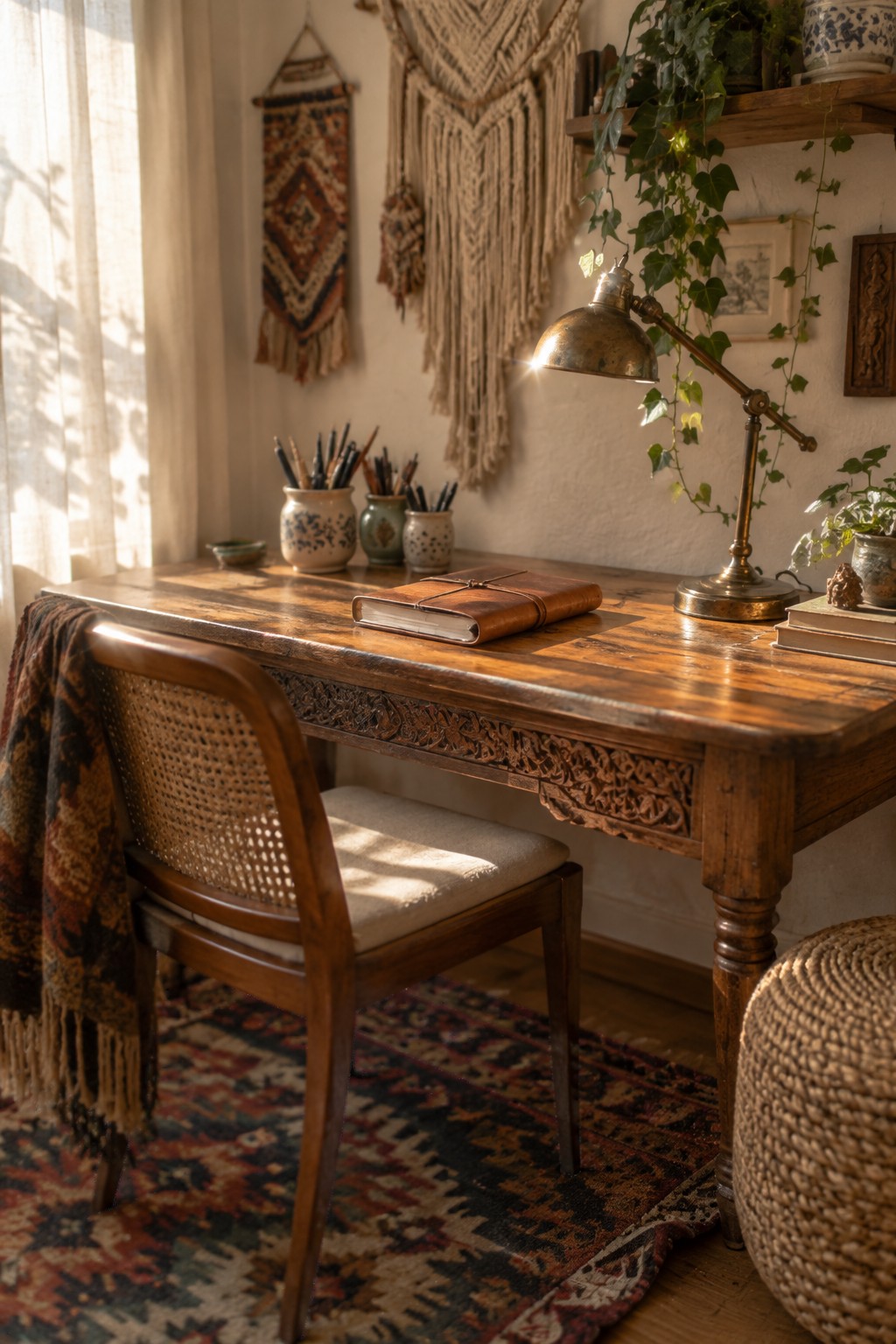 A wooden desk with a leather journal and brass lamp sits in front of a wall with macrame hangings, next to a woven chair on a patterned rug.