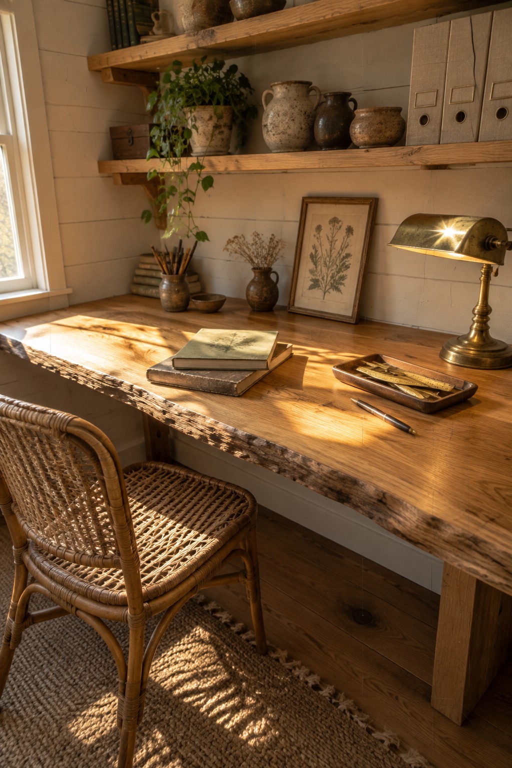 A home office with a live-edge wooden desk, woven chair, brass lamp, stacked books, and pottery on wooden shelves.