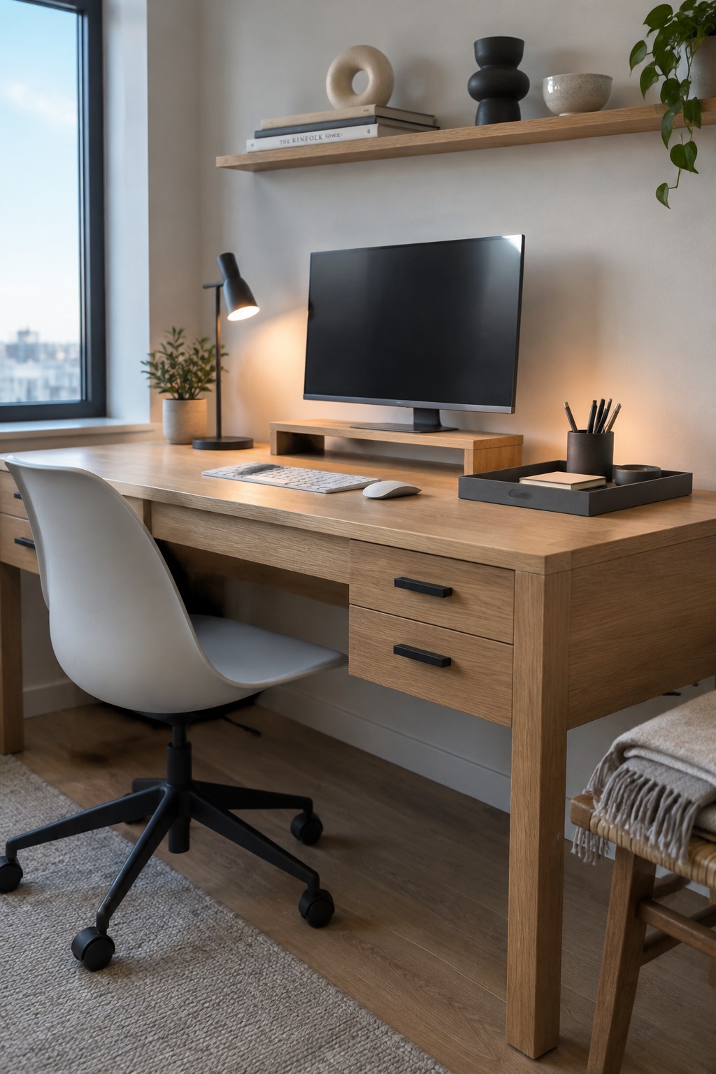 A home office with a light wood desk, white swivel chair, computer monitor on a riser, keyboard and mouse, and a wall-mounted shelf with books and decor.