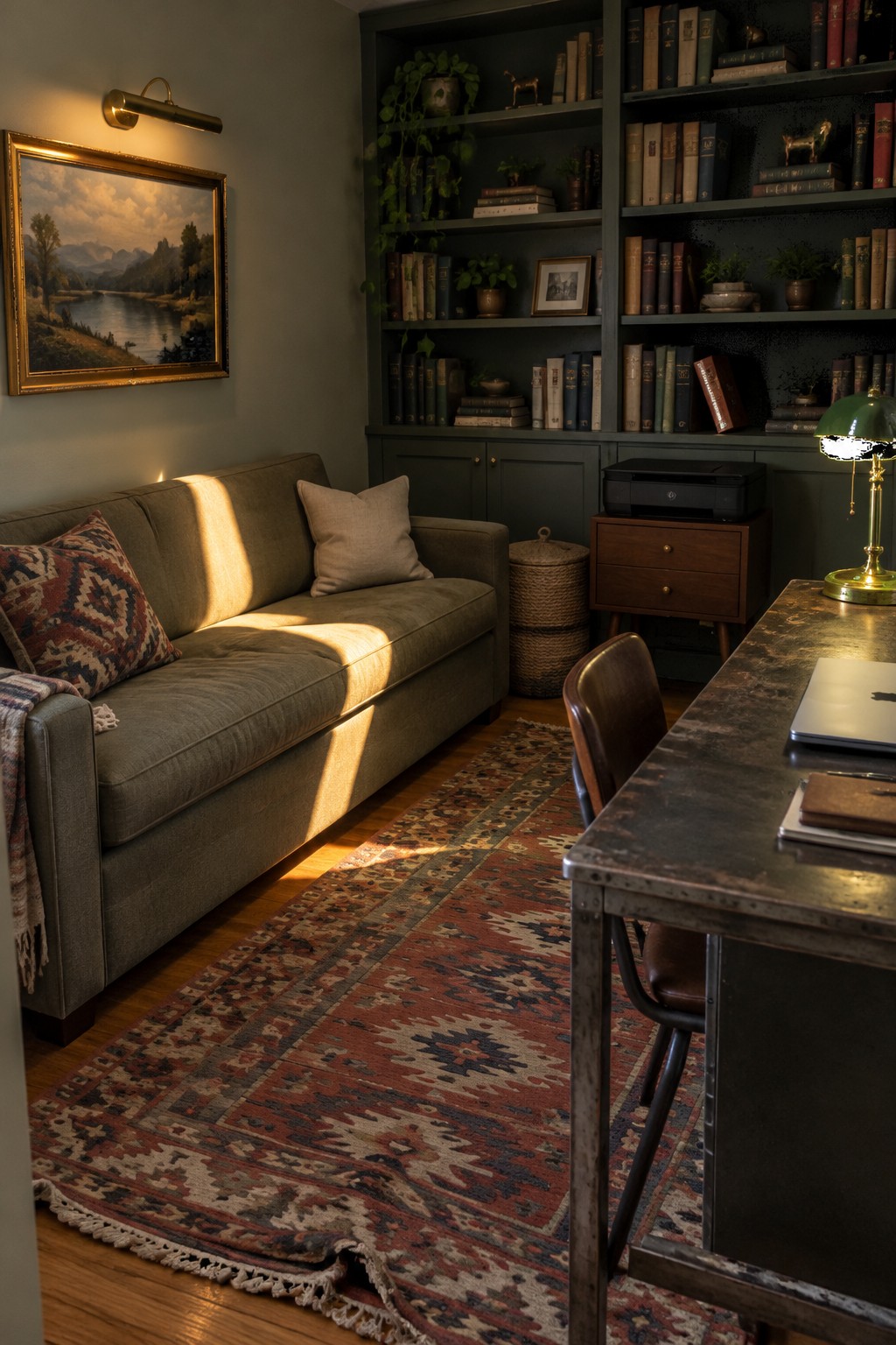 Cozy study with green sofa, red patterned rug, bookshelves, and sunlit desk.