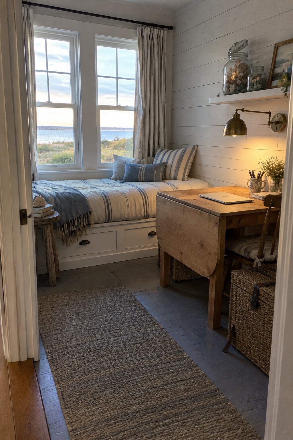 A small room with a striped daybed under two windows overlooking water, a wooden drop-leaf desk with a laptop, and woven baskets on the floor.