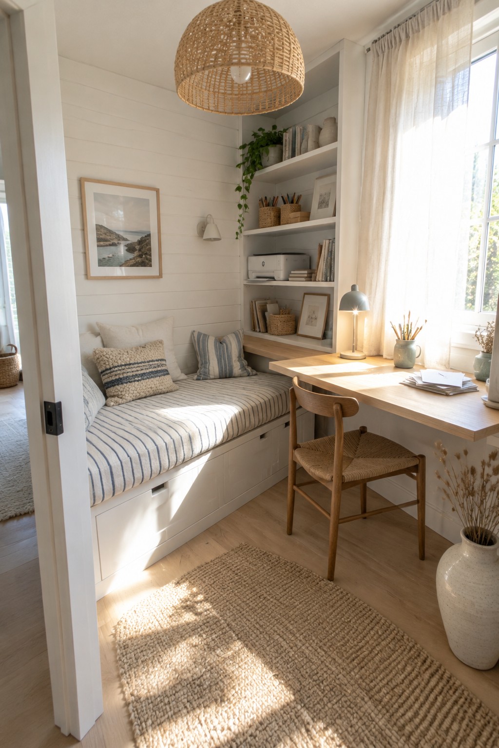A small interior room with a striped daybed featuring under-bed storage drawers, white built-in shelves above it, a wooden desk and woven chair near a window, and light wood flooring with a woven rug.