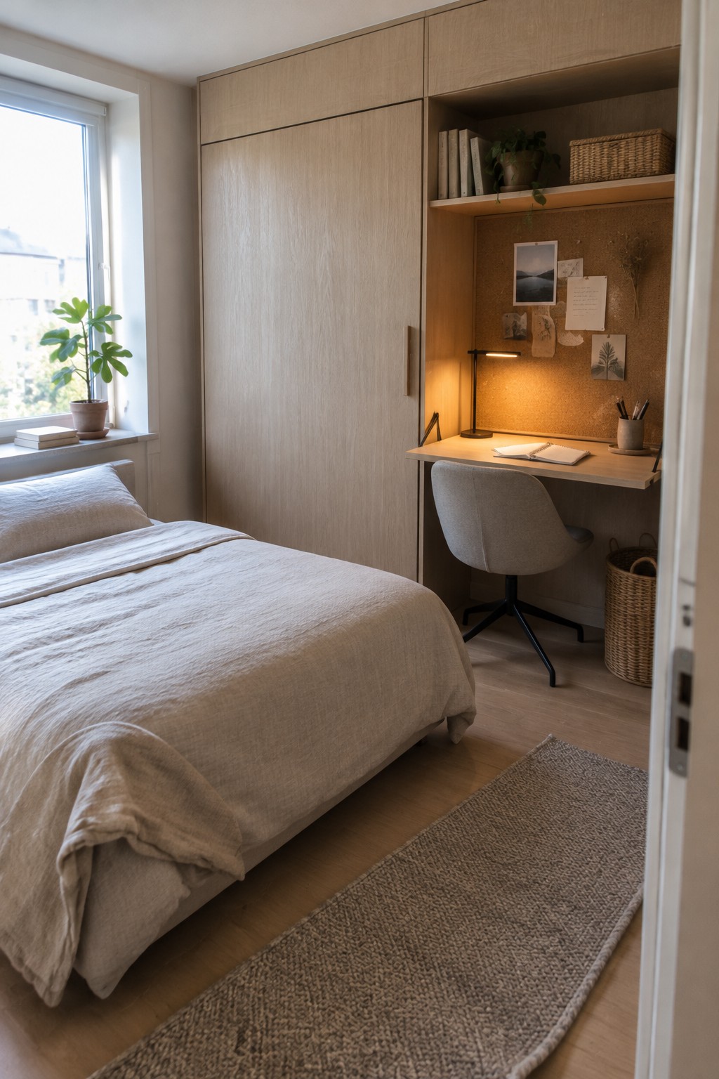 Minimalist bedroom with beige linen bed, light wood desk nook, and woven rug.